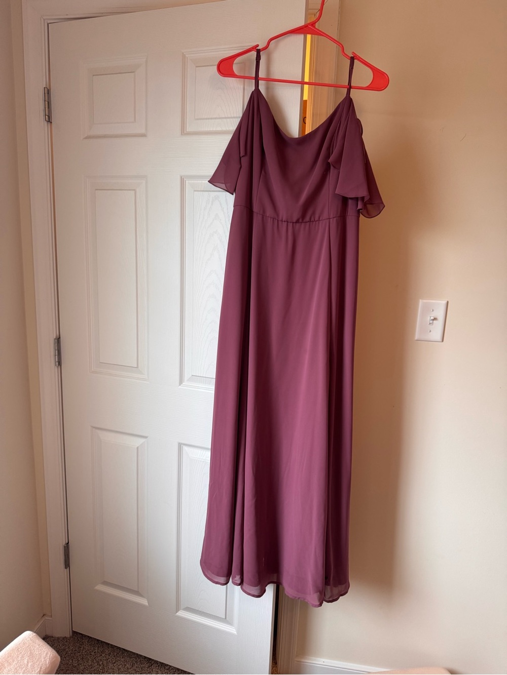 David's Bridal Mauve Off-Shoulder Maxi Dress